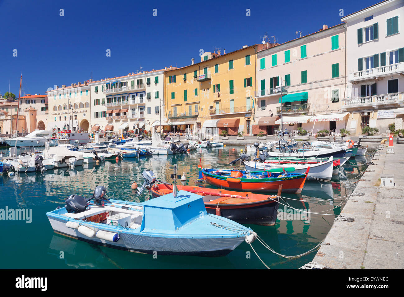 Porto con barche da pesca, Portoferraio, Isola d'Elba, Provincia di Livorno, Toscana, Italia, Mediterraneo, Europa Foto Stock