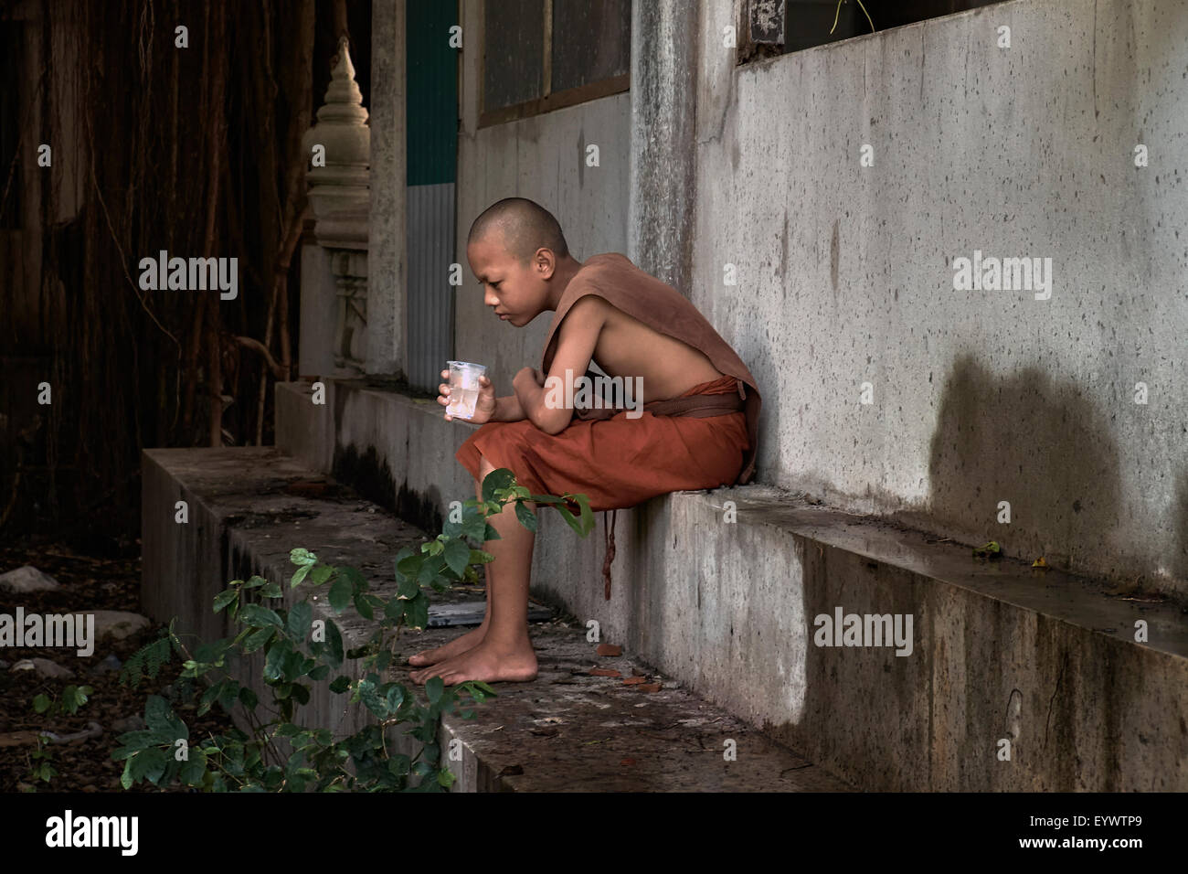 Un giovane monaco buddista contemplativo seduto da solo nel profondo del pensiero. . Thailandia S. E. Asia Foto Stock