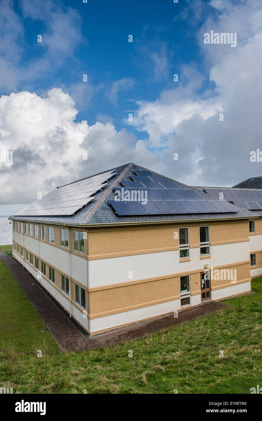 Pannelli solari installati in violazione della loro pianificazione regole e linee guida sul tetto della sede di Ceredigion County Council, Aberaeron Wales UK., giovedì 7 maggio 2015 Foto Stock