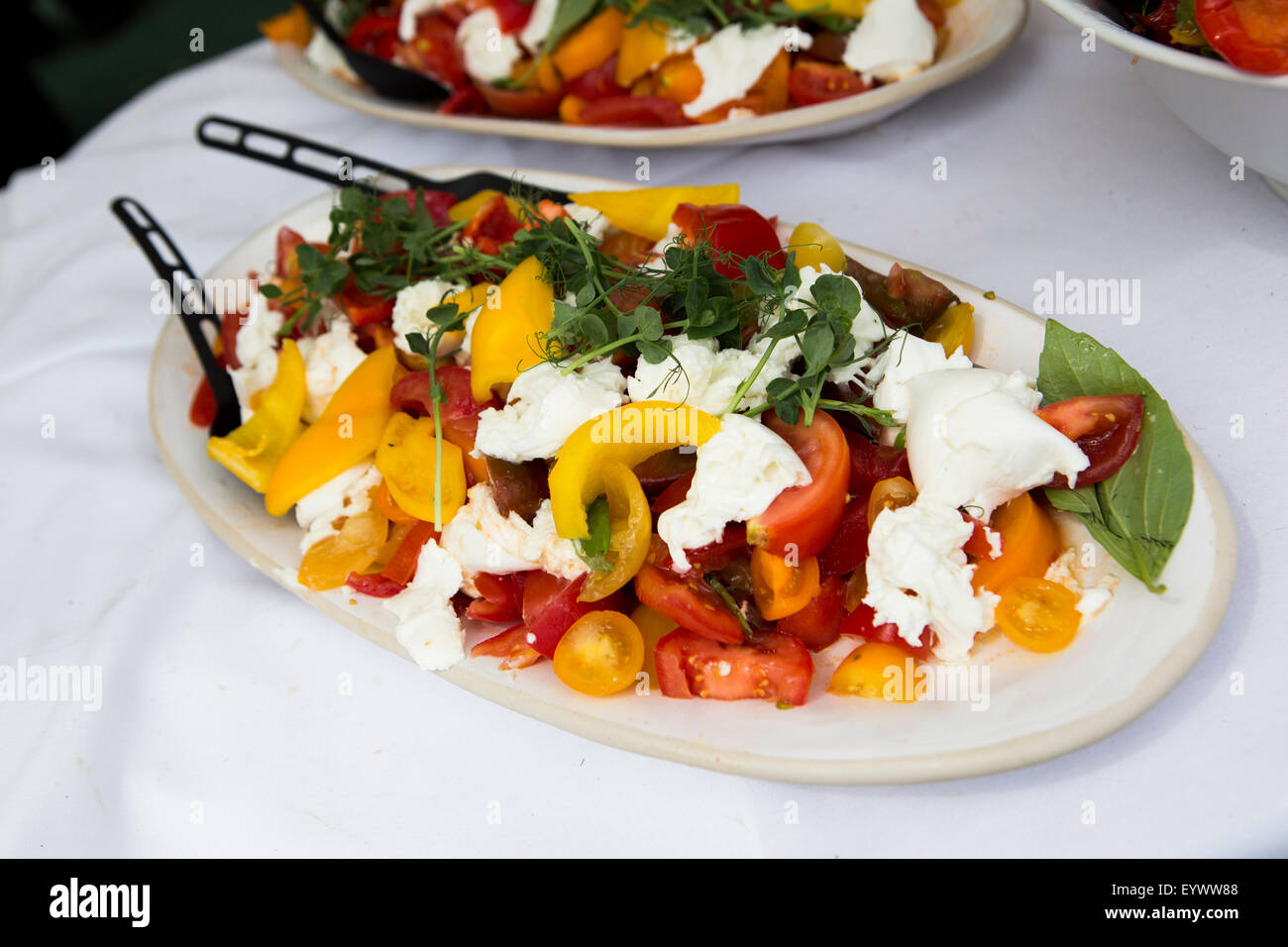 Mozzarella di bufala, il pomodoro e il peperone giallo insalata con nasturtium guarnire. Foto Stock