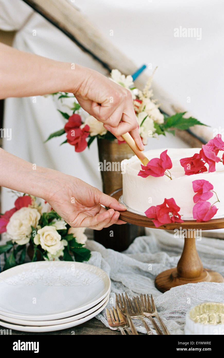 La donna il taglio di una torta con la glassa bianca Foto Stock