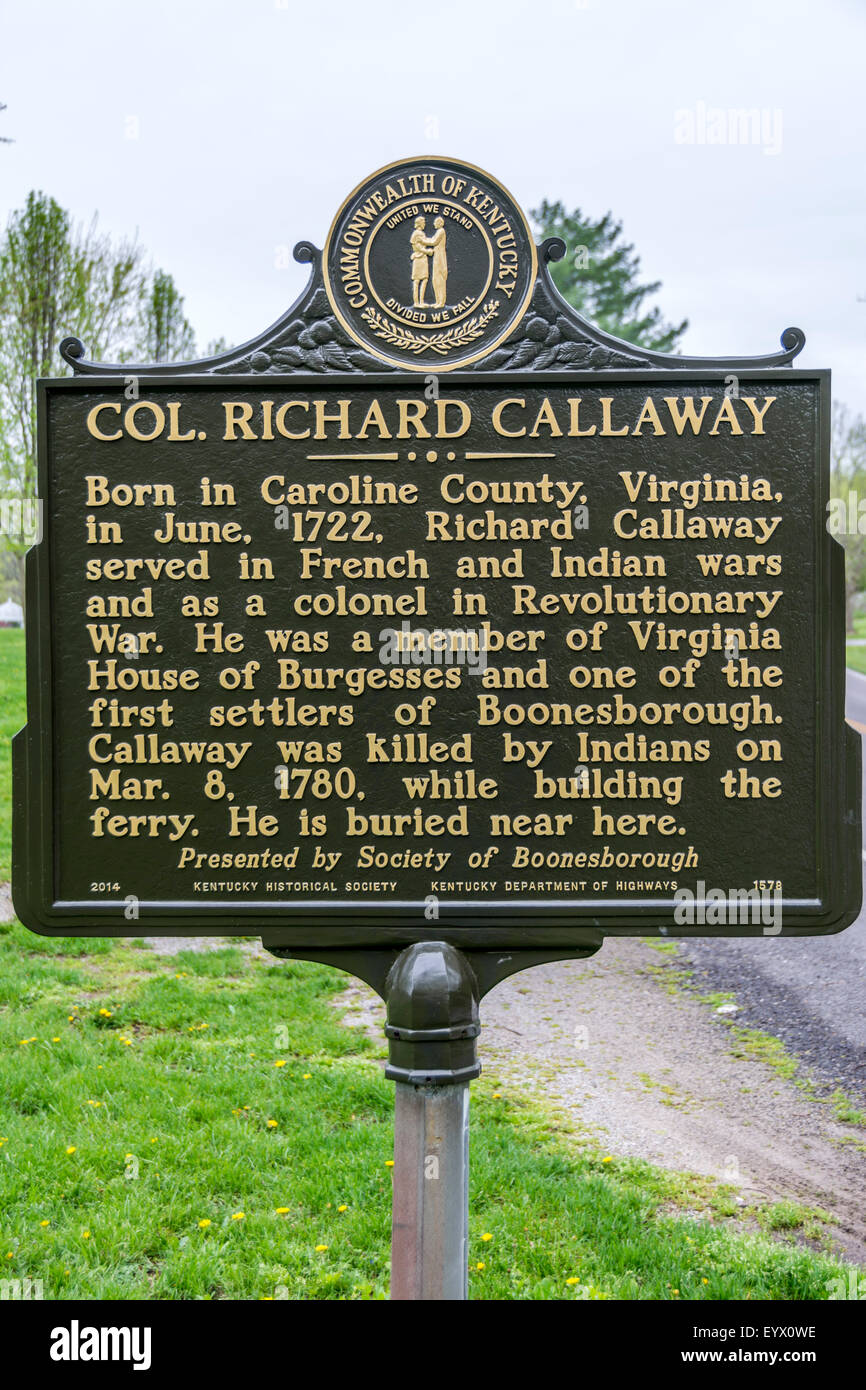 Marcatore di storico per un pioniere Richard Callaway che fu uno dei primi coloni di Fort Boonesborough. Foto Stock