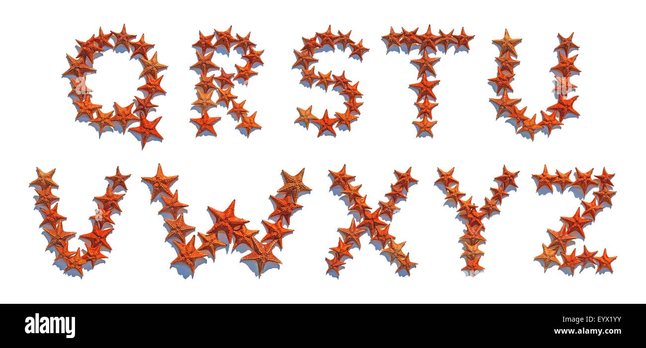 Alfabeto lettere fatte di reale starfish isolati su sfondo bianco, lettere q a Z, parte 3 di 3 Foto Stock