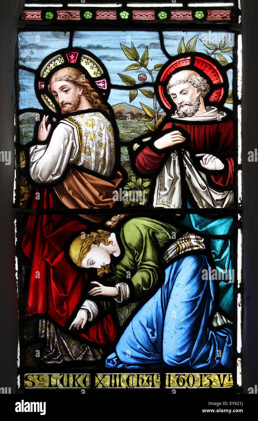 Le vetrate colorate raffiguranti scene bibliche da Luca XIII Gesù stabilisce Foto Stock