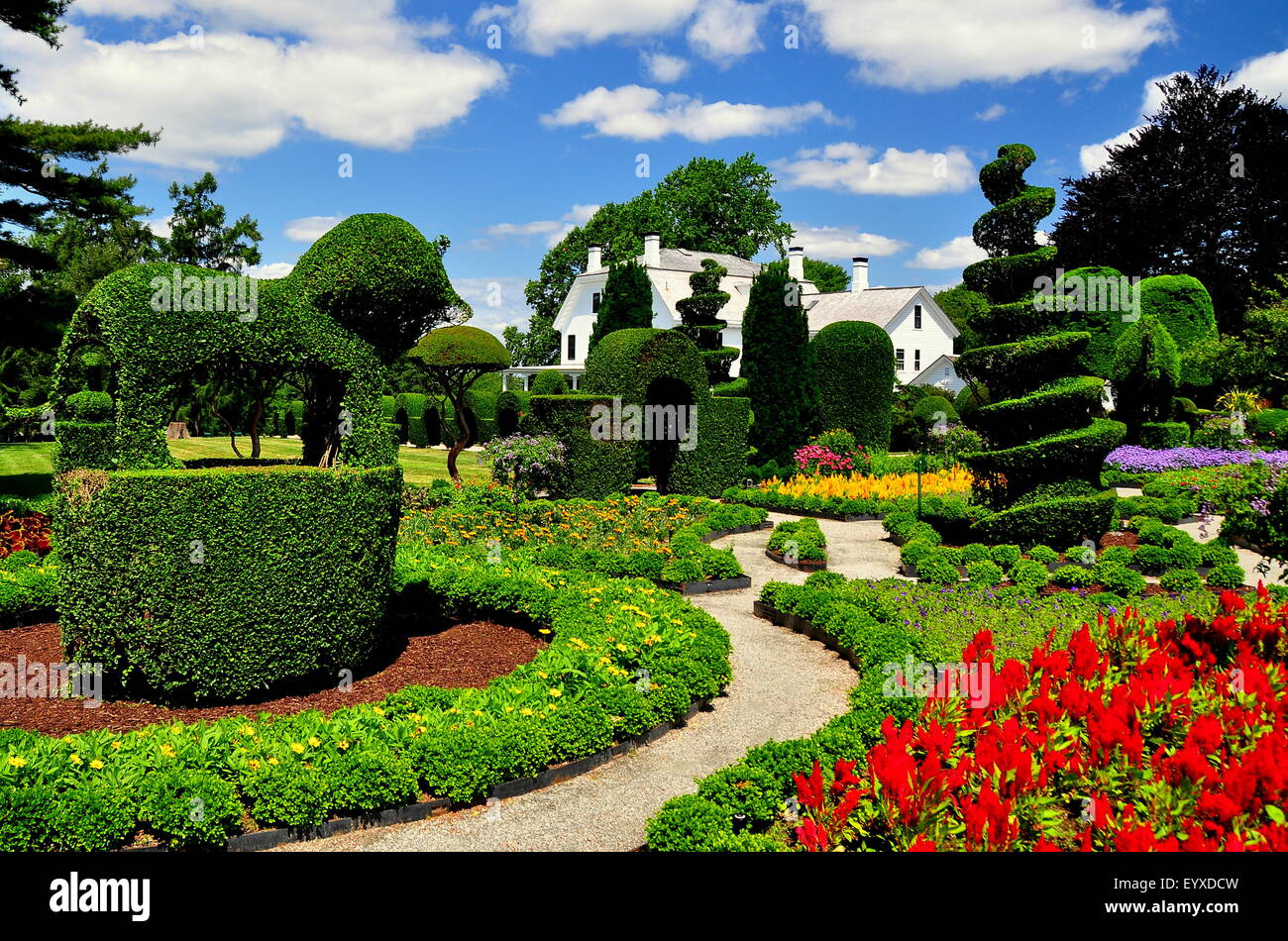 Portsmouth, RI: percorsi di avvolgimento, estate fiori annuali e topiaria da unici animali e gli alberi ad animali Verde Giardini Topiaria da * Foto Stock