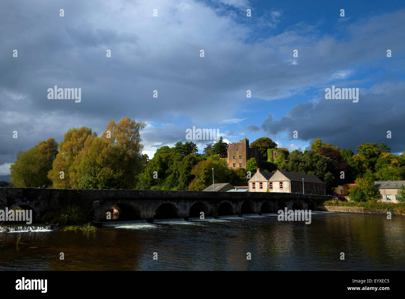 15 arch ponte sopra il fiume Suir e XII secolo il castello, Ardfinnan, nella contea di Tipperary, Irlanda Foto Stock