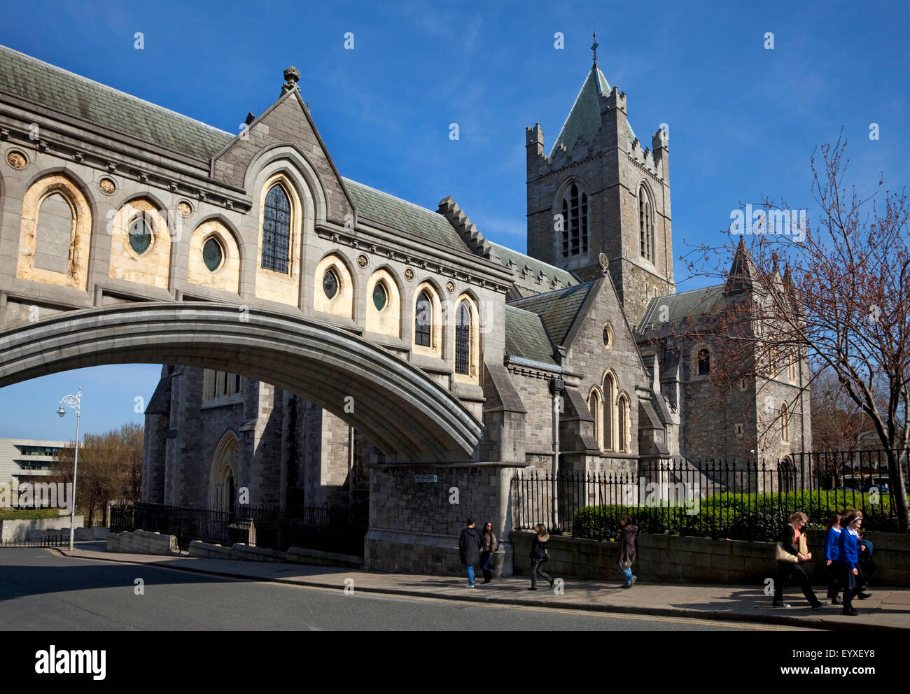 Xix secolo il ponte di pietra dal Sinodo dei Vescovi (sinistra) per la cattedrale di Christ Church, fondata 1030, ricostruita nel 1878, Winetavern Street,città di Dublino, Irlanda Foto Stock