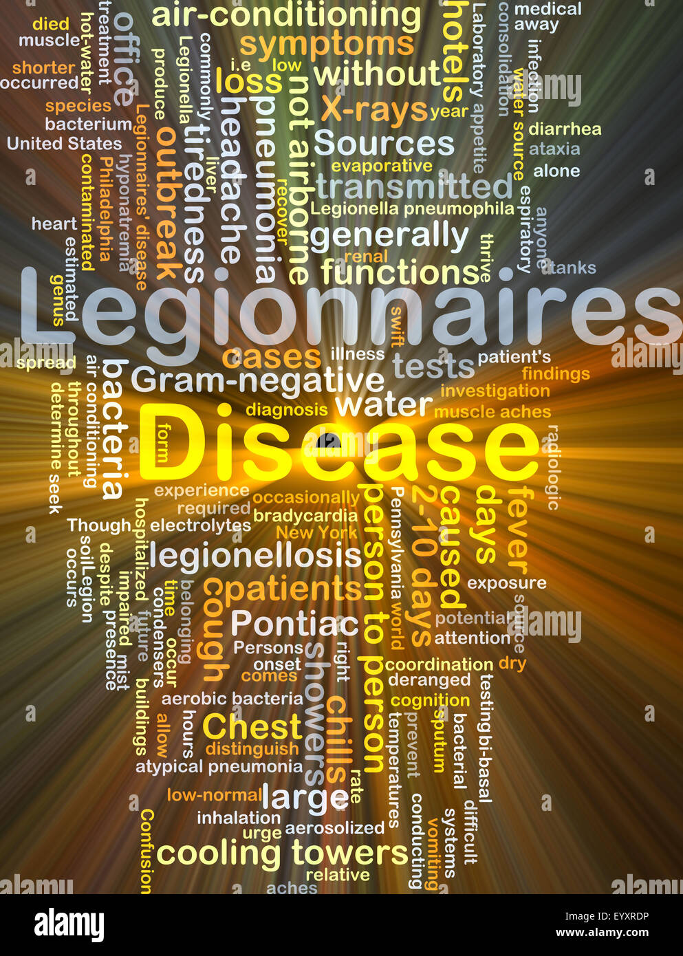 Concetto di sfondo wordcloud illustrazione delle legionelle luce incandescente Foto Stock