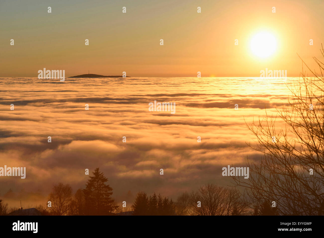 Tramonto sopra le nuvole in inverno, in Germania, in Baviera, il Parco Nazionale della Foresta Bavarese Foto Stock