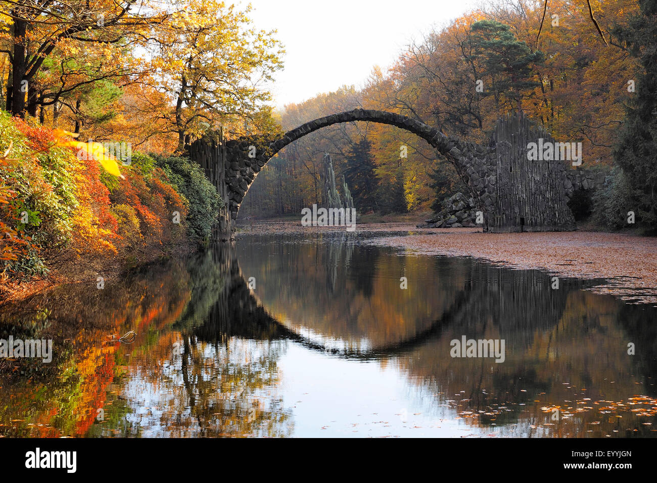 Ponte Rackotz presso il Parco di rododendro Kromlau, in Germania, in Sassonia, Oberlausitz, Muskau Foto Stock