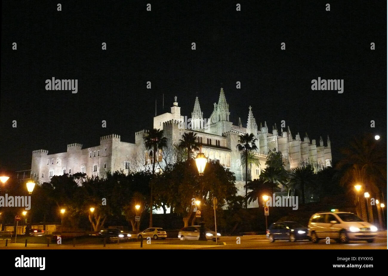Illuminata Almudaina Palace e la cattedrale di Palma La Seu di notte, Spagna, Balearen, Maiorca Foto Stock
