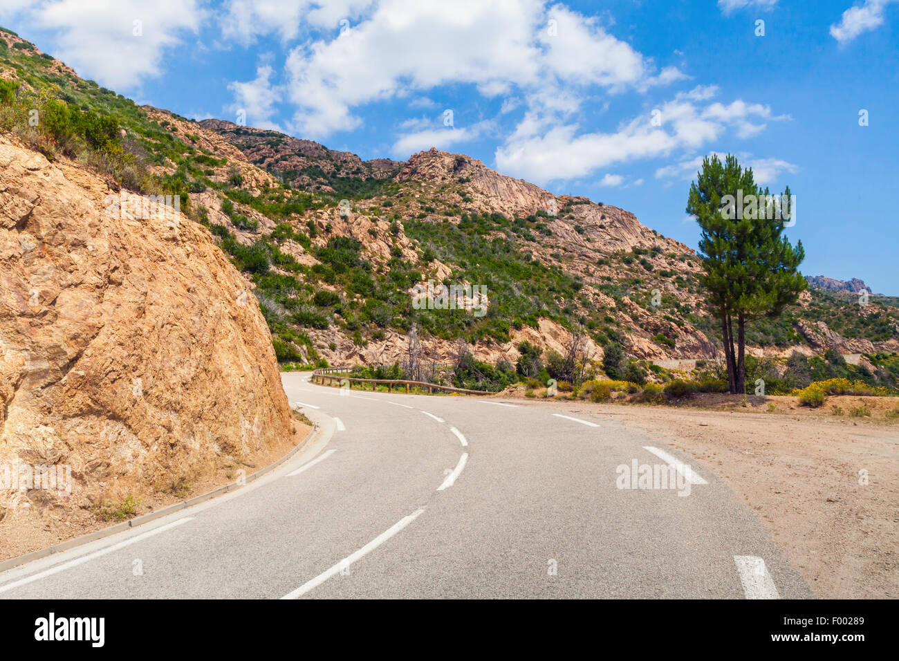 Girando su strada di montagna con una linea di demarcazione su asfalto, Corsica, Francia Foto Stock