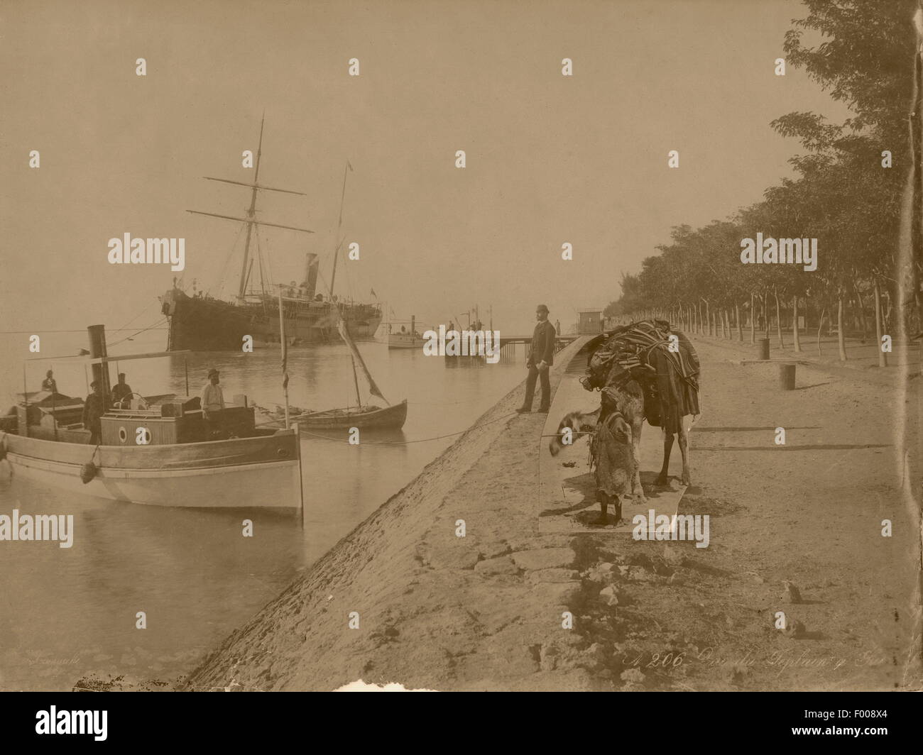 Suez, Egitto - 1880 - Quai de Templain a Suez. Una vista del molo a Suez. Notate il taglia e incolla del cammello con il proprietario alla banchina. Foto Stock