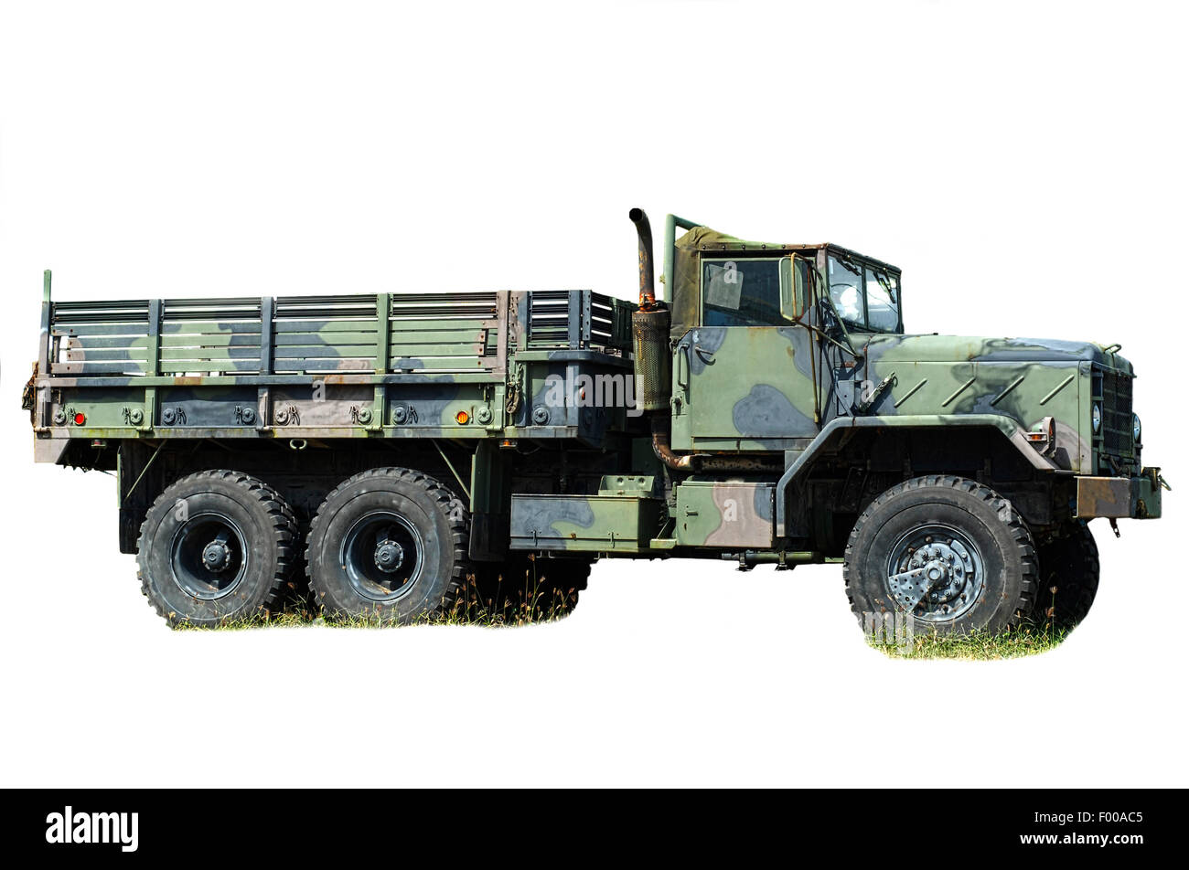 Grande vecchio army truck isolato su uno sfondo bianco Foto Stock