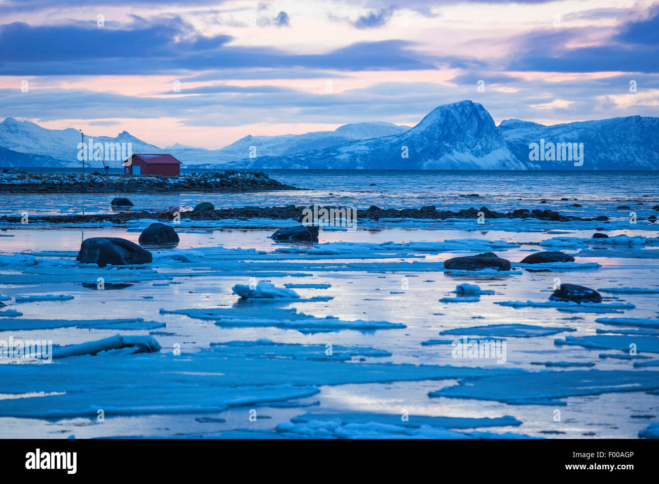 Fiordo ghiacciato durante la notte polare, Norvegia, VesterÕlen, Insel e°ya Foto Stock