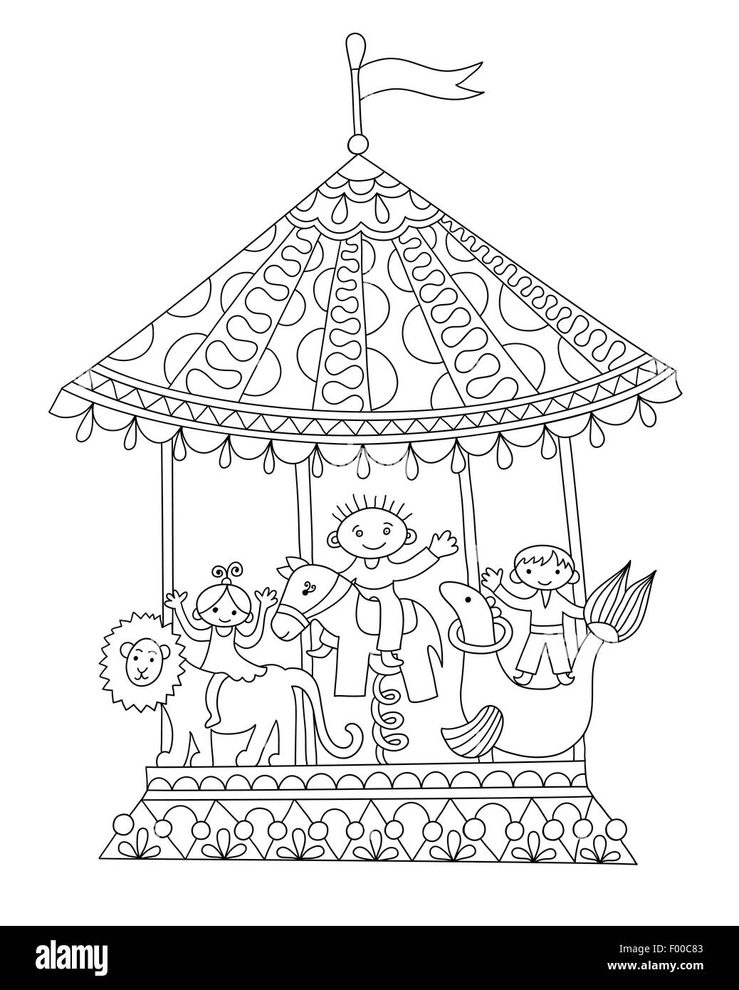 Line art illustrazione del tema circense merry go-intorno Illustrazione Vettoriale