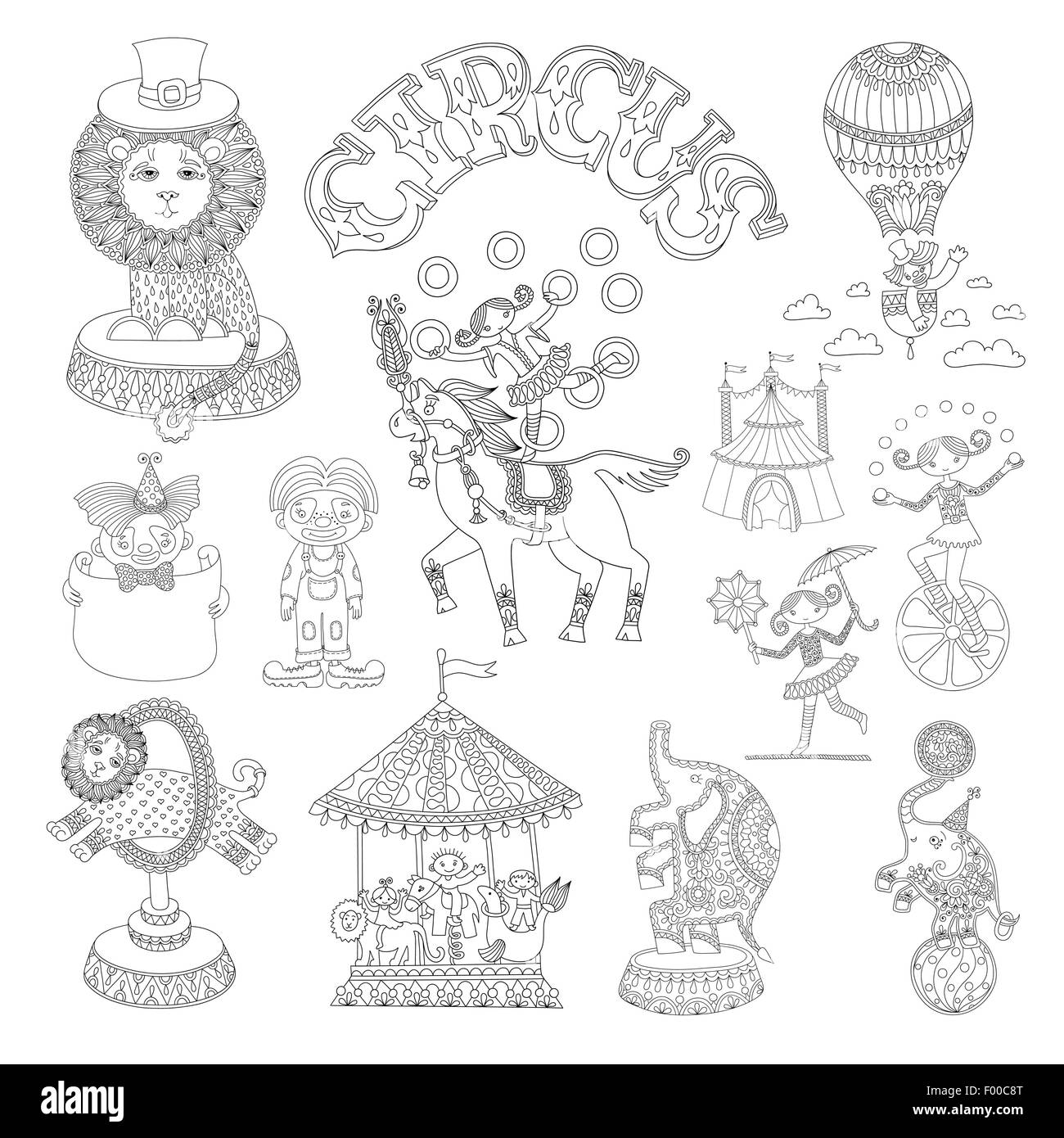 In bianco e nero la linea arte collezione di disegni di tema circense Illustrazione Vettoriale