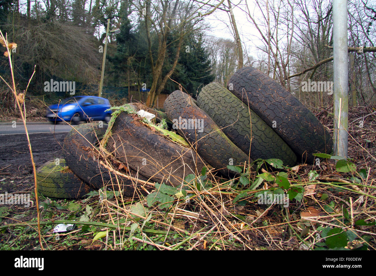 Illegale di smaltimento dei rifiuti, gomme vecchie banchine, Germania Foto Stock