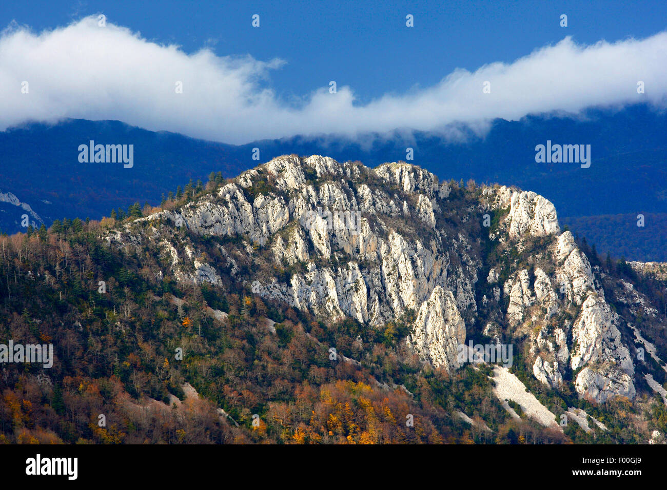 Picchi di montagna e rocce nella nebbia in autunno, Francia, Vercors Parco Nazionale Foto Stock