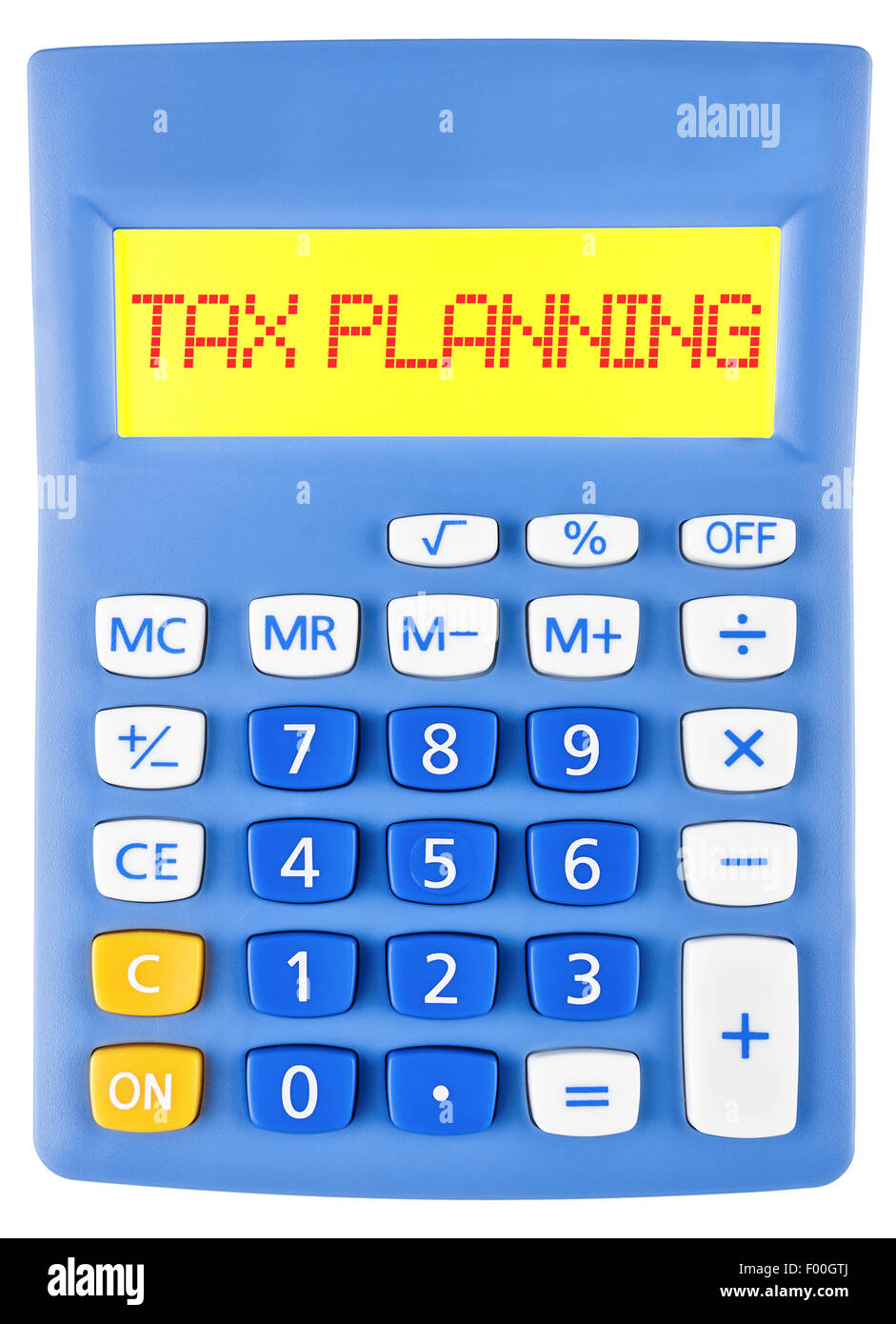 Calcolatrice con pianificazione fiscale sul display su sfondo bianco Foto Stock