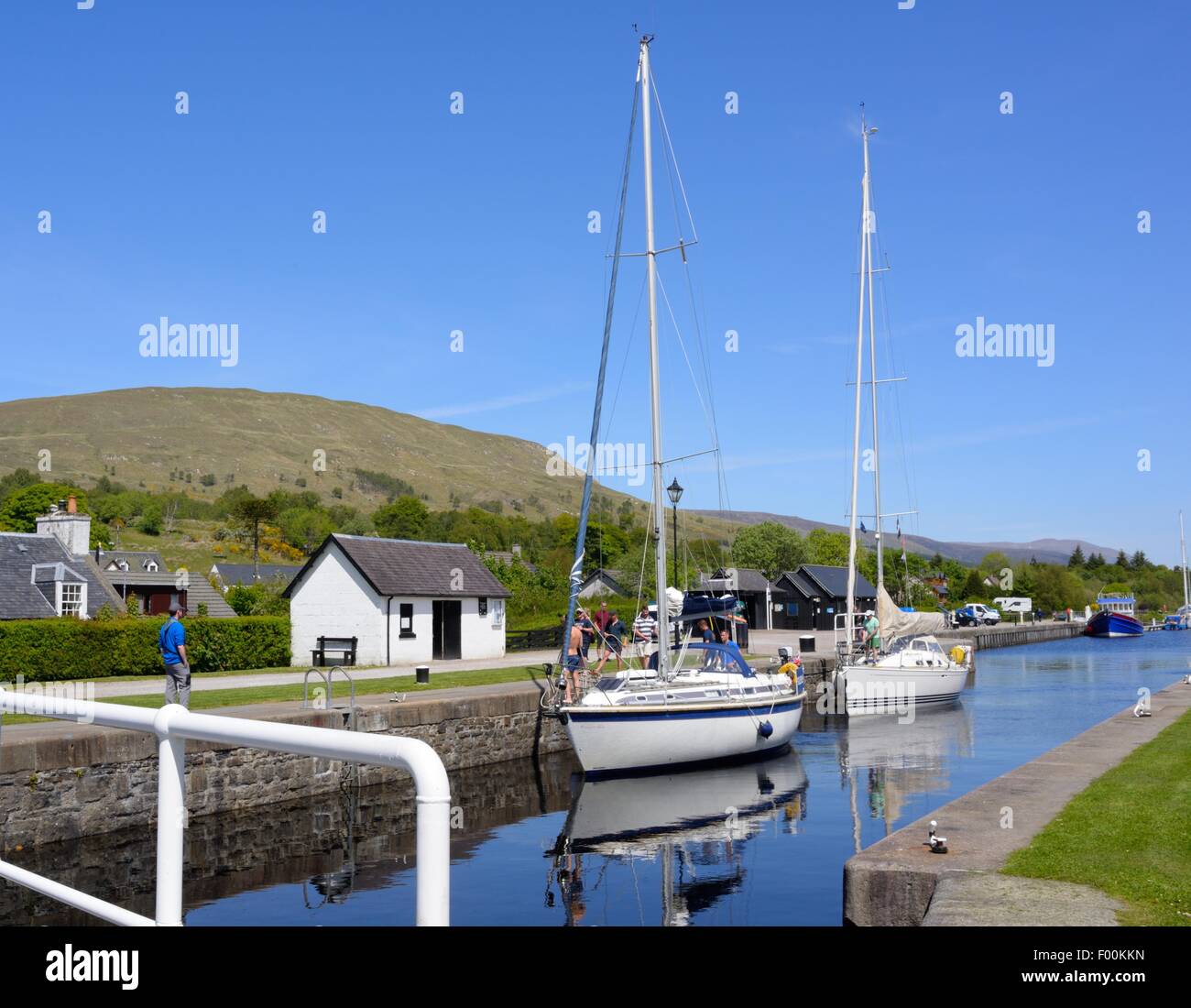 Barche a vela in cima alle chiuse delle scale di Nettuno sul canale di Caledonian, Scozia. Foto Stock