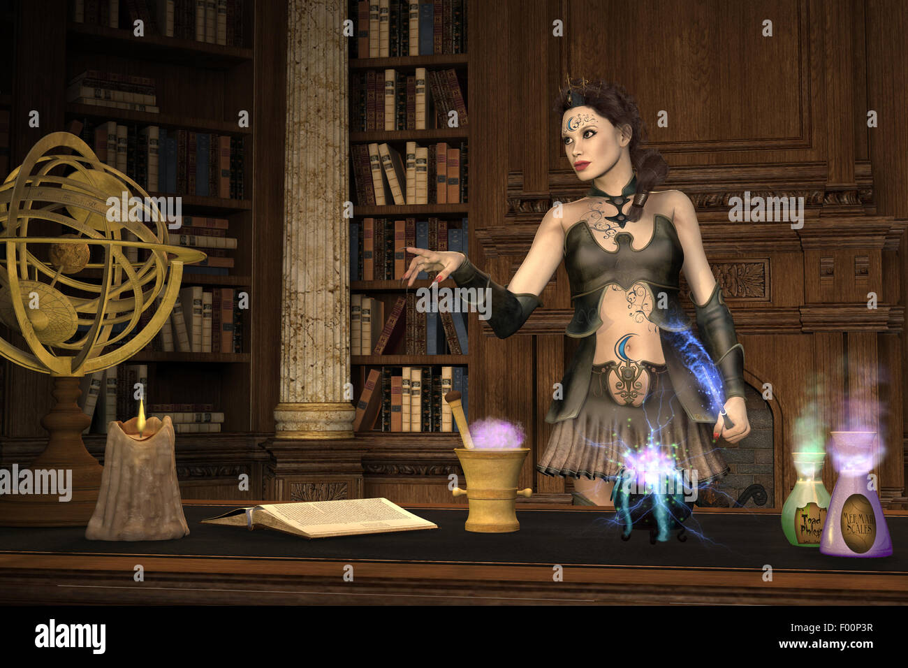 Un potente strega parla al suo protegee come lei prepara una pozione magica per utilizzare in un incantesimo. Foto Stock
