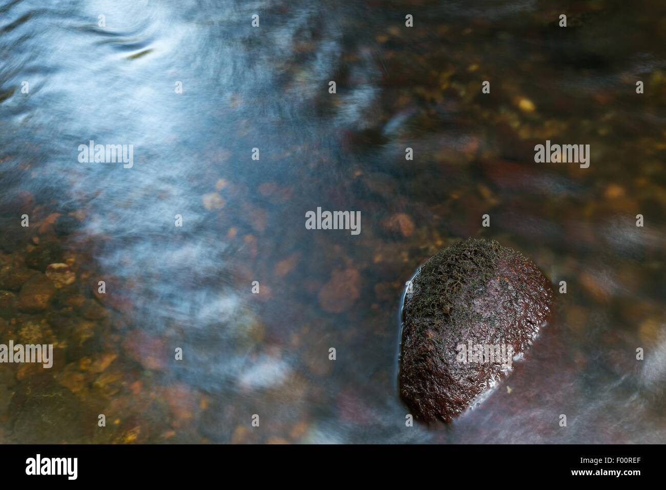 Dettaglio del fiume selvaggio - acqua e pietra. Fiume Wadag in Olsztyn, Polonia. Foto Stock