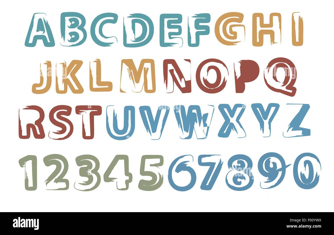 Dipinto di lettere latine piena alfabeto e cifre illustrazione vettoriale. Illustrazione Vettoriale