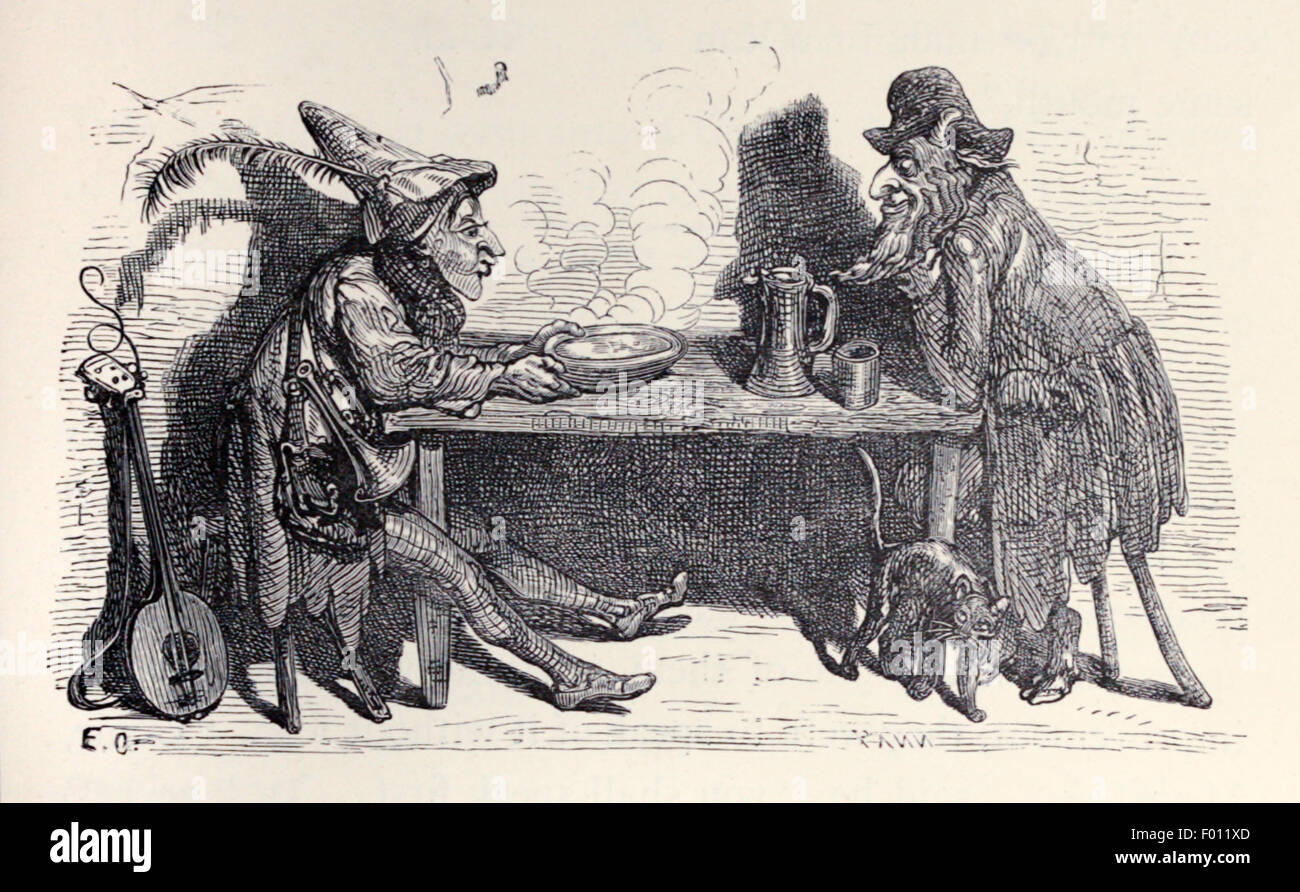 " Il Satiro e la Traveler" favola di Esopo (circa 600BC). Un Satiro è confuso da un uomo che soffiano a sia di calore (per scaldare le mani) e raffreddare (per raffreddare la sua zuppa) e ha rifiutato di trattare con lui pensando che fosse il doppio trattamento. Lezione: mantenere una posizione unica. Illustrazione da Ernest Grisnet (1844-1907). Vedere la descrizione per maggiori informazioni. Foto Stock