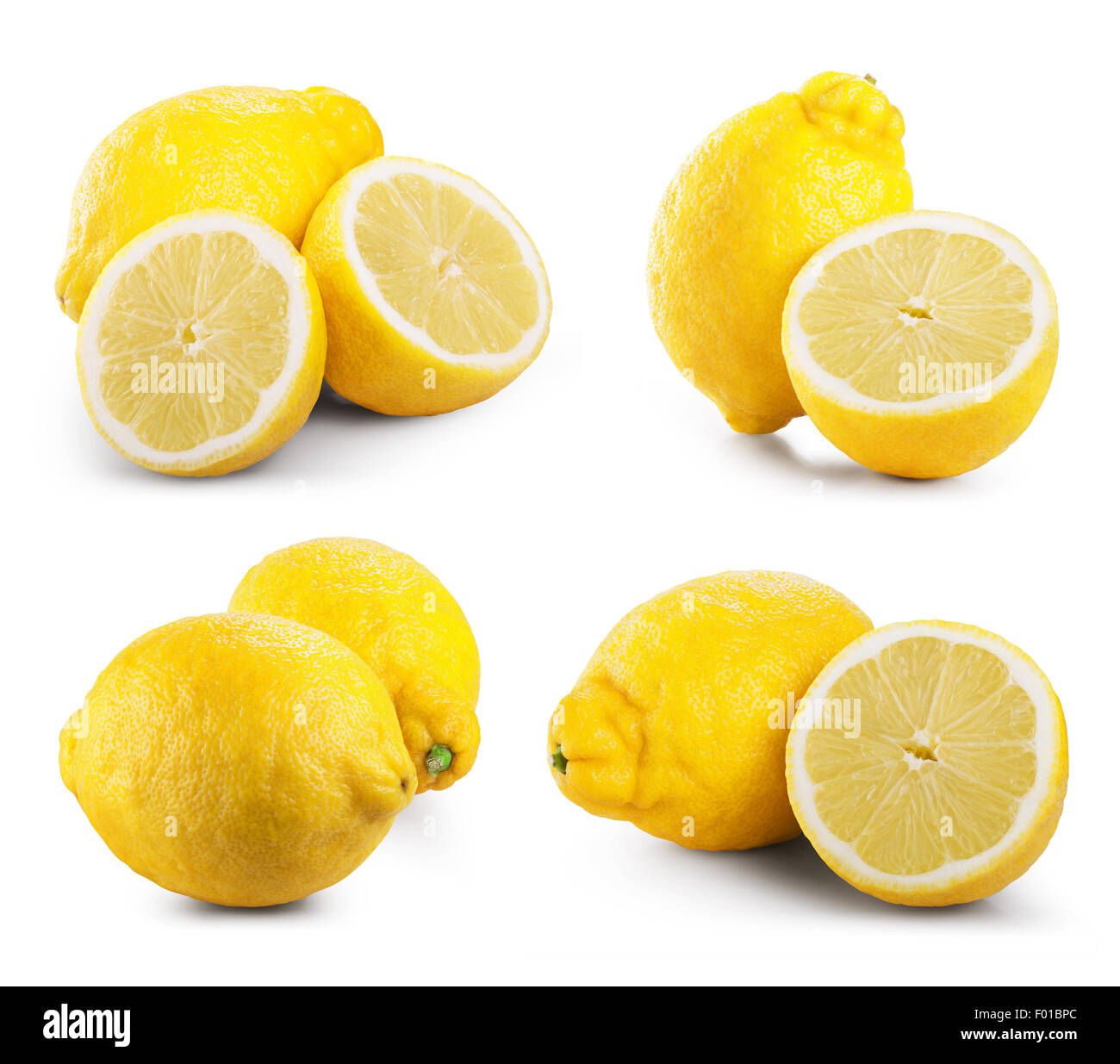 Set di maturi frutti di limone isolati su sfondo bianco. Tracciato di ritaglio Foto Stock