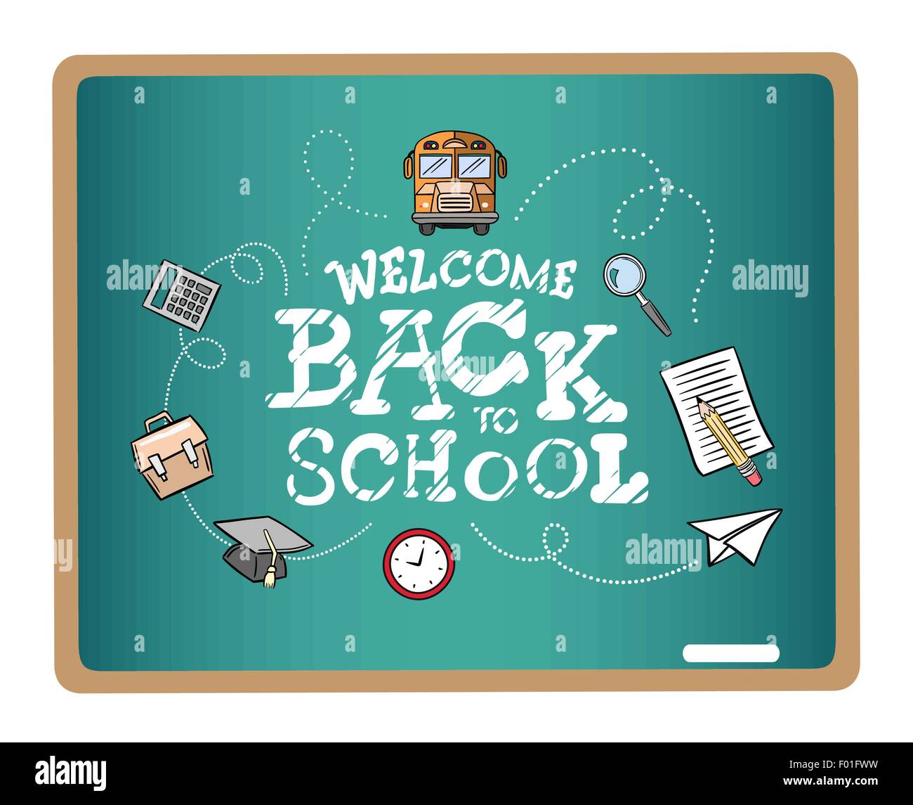Benvenuti torna a scuola messaggio circondato dalle icone vettore sulla lavagna verde Illustrazione Vettoriale