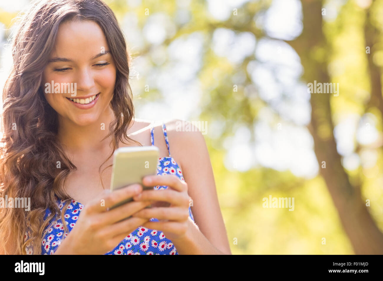 Bella bruna texting nel parco Foto Stock