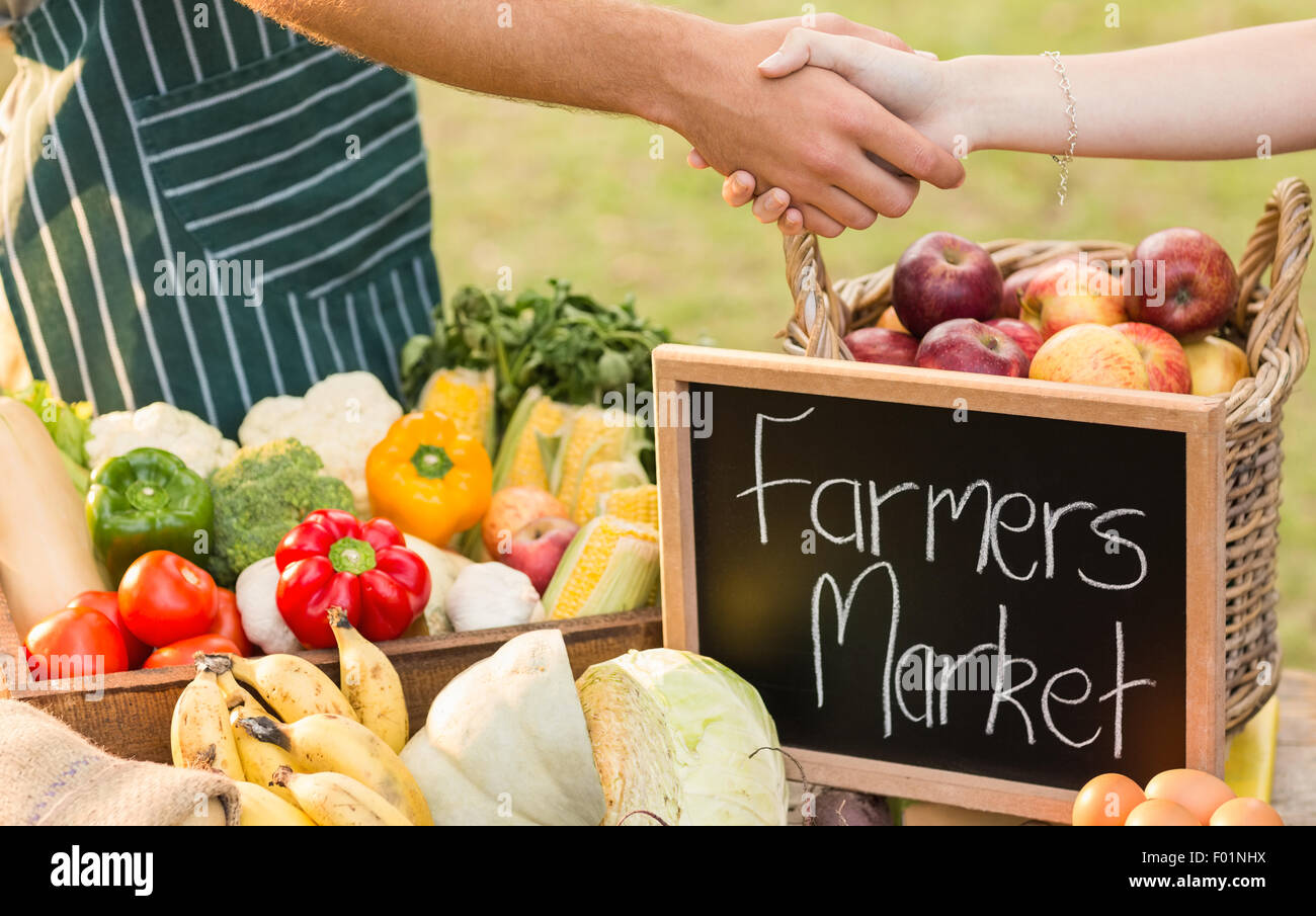 L'agricoltore che scuote la mano ai clienti Foto Stock
