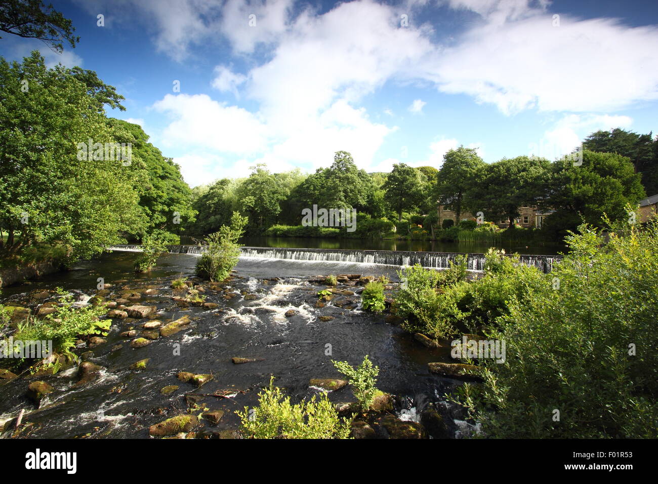 Bamford weir sul fiume Derwent a Bamford villaggio nel Parco Nazionale di Peak District, Derbyshire, Regno Unito - estate Foto Stock
