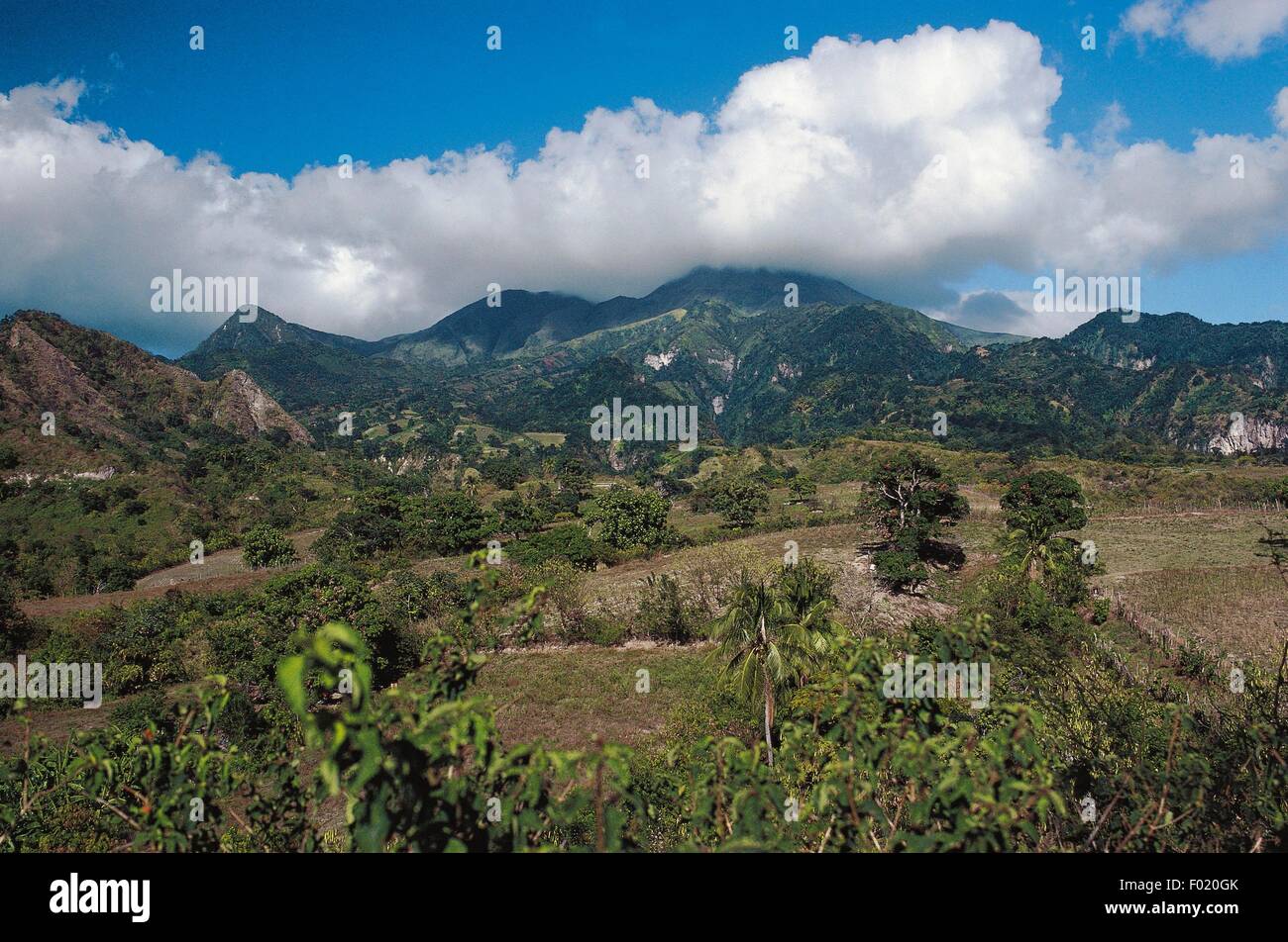 Montare la Pelée (1397 m), vulcano attivo, Martinica, Regione d'oltremare della Francia. Foto Stock