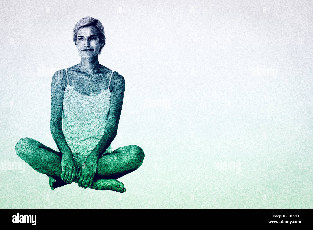 Immagine composita di sorridere donna bionda seduta sul pavimento Foto Stock