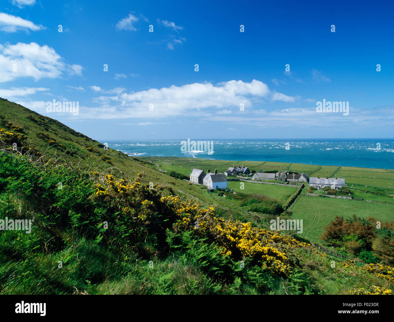 La cappella e casa di missione, le rovine dell'abbazia, semi-detached Cascine modello, giardini & stockyards visto da di Mynydd Enlli, Bardsey Island, Gwynedd. Foto Stock