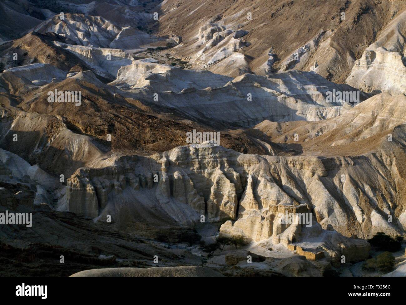 Effetti di erosione ai margini del deserto del Negev, tra il Mar Morto e arad, Israele. Foto Stock