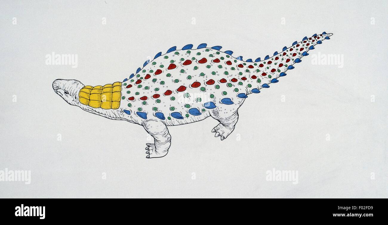 Schema della corazza di Dracopelta zbyszewskii, Nodosauridae, Late Jurassic. Illustrazione di Robin Carter. Foto Stock