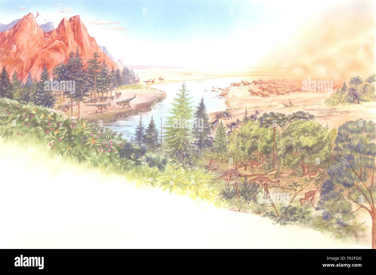 Zoopaleontologia - Cretaceo inferiore - Canadian paesaggio preistorico - opera d'arte da Robin Carter Foto Stock