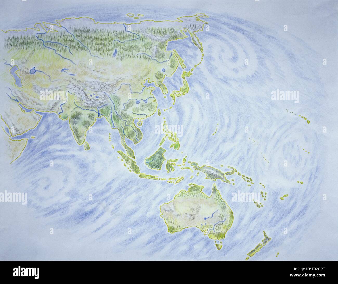 Cartografia - Mappa di Asia e Oceania, illustrazione Foto Stock