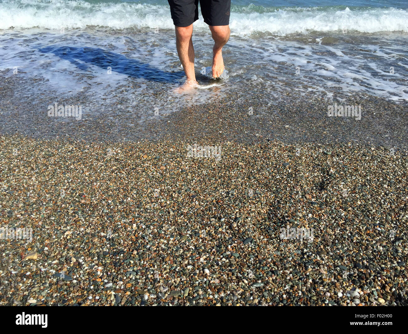 Sezione bassa di un uomo che cammina nel surf Foto Stock