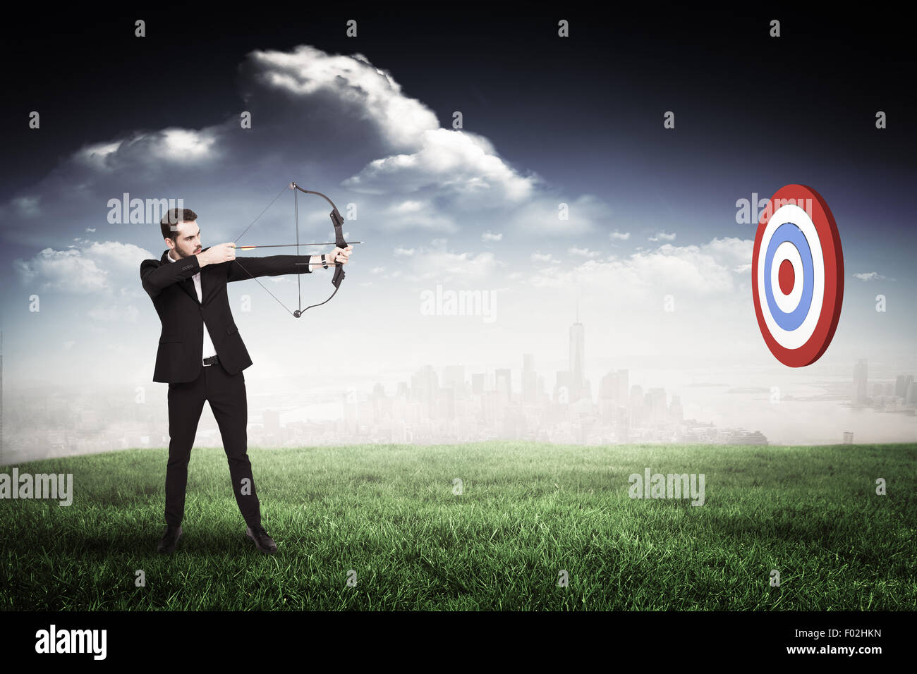 Immagine composita di imprenditore la ripresa di un arco e frecce Foto Stock