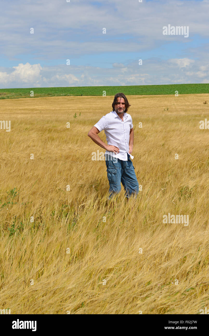 Un uomo si erge sul campo di segale Foto Stock