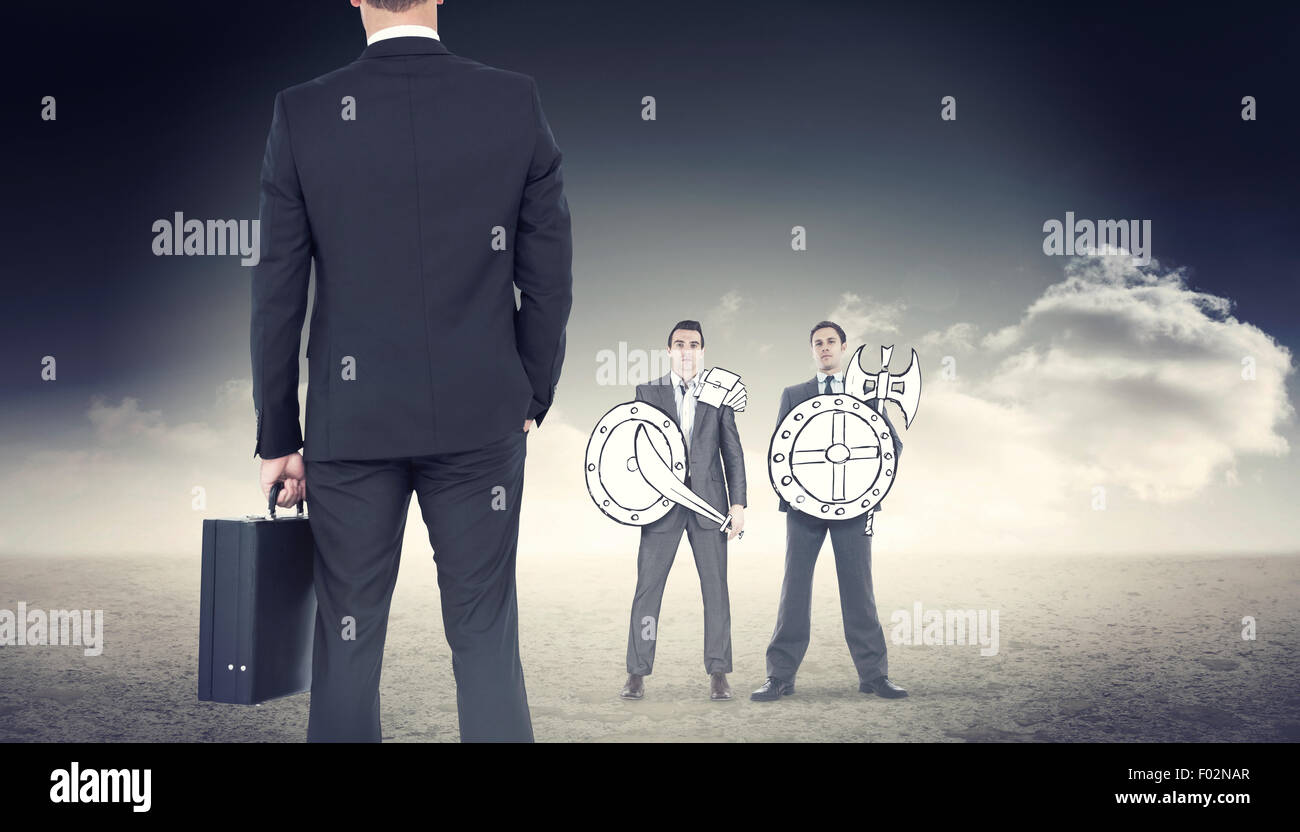 Immagine composita di imprenditore in piedi con la sua valigetta Foto Stock