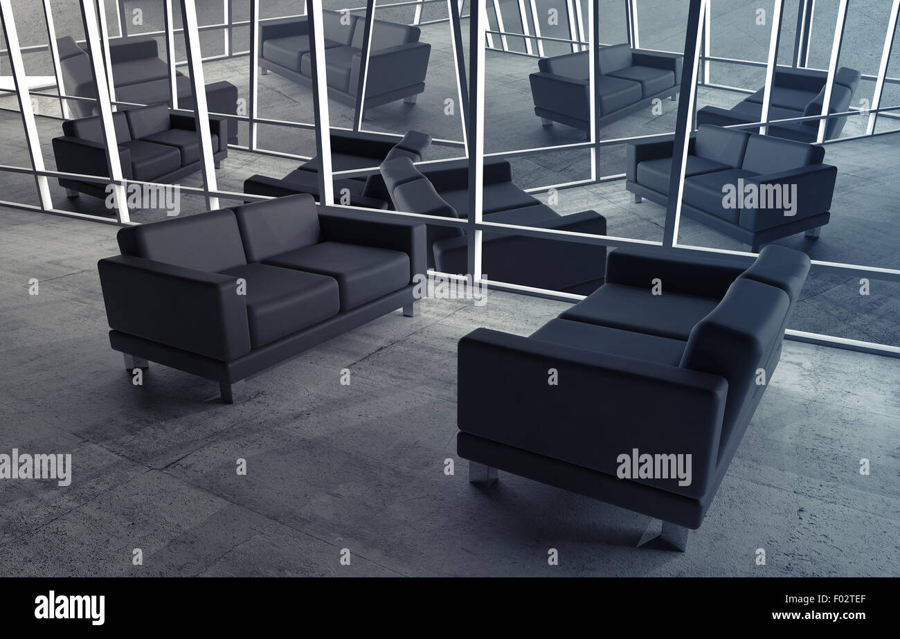 Abstract ufficio surreale interno con pavimento in calcestruzzo e divani in pelle nera, 3d illustrazione Foto Stock