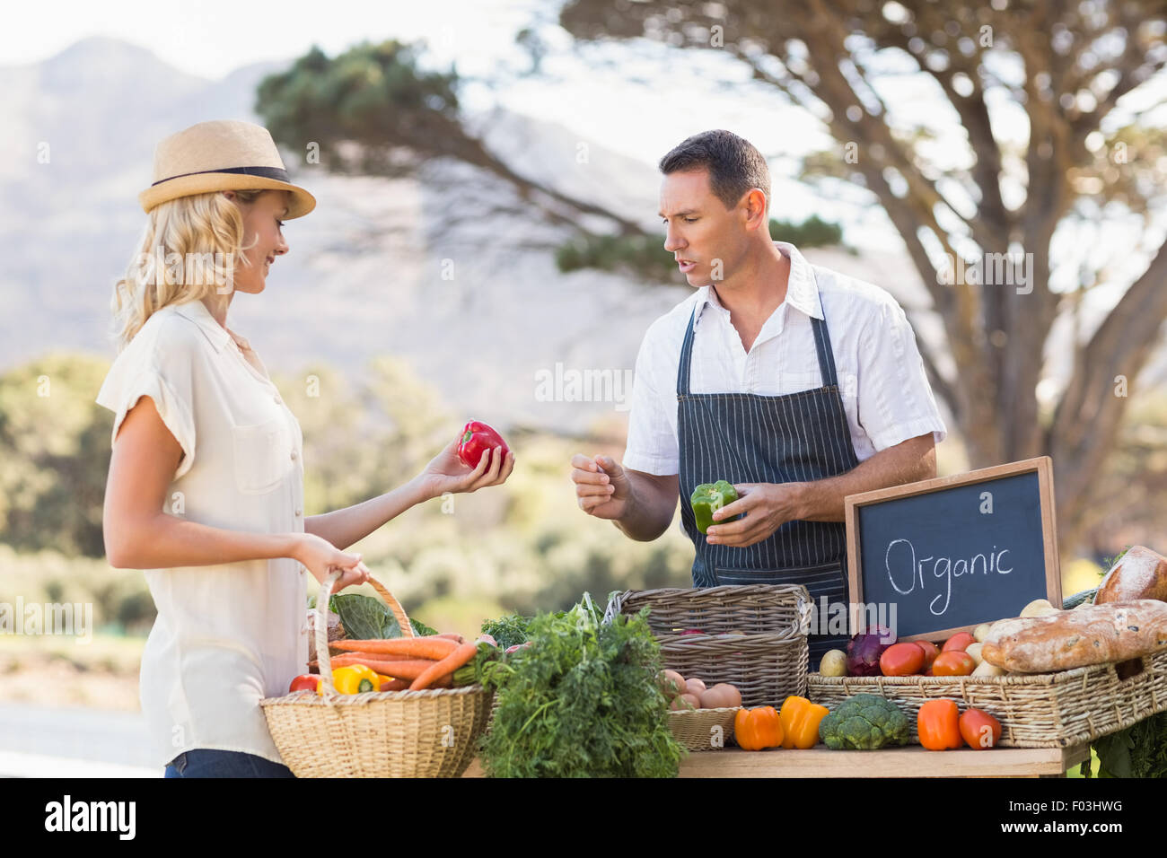 Sorridente agricoltore a discutere con un cliente bionda Foto Stock