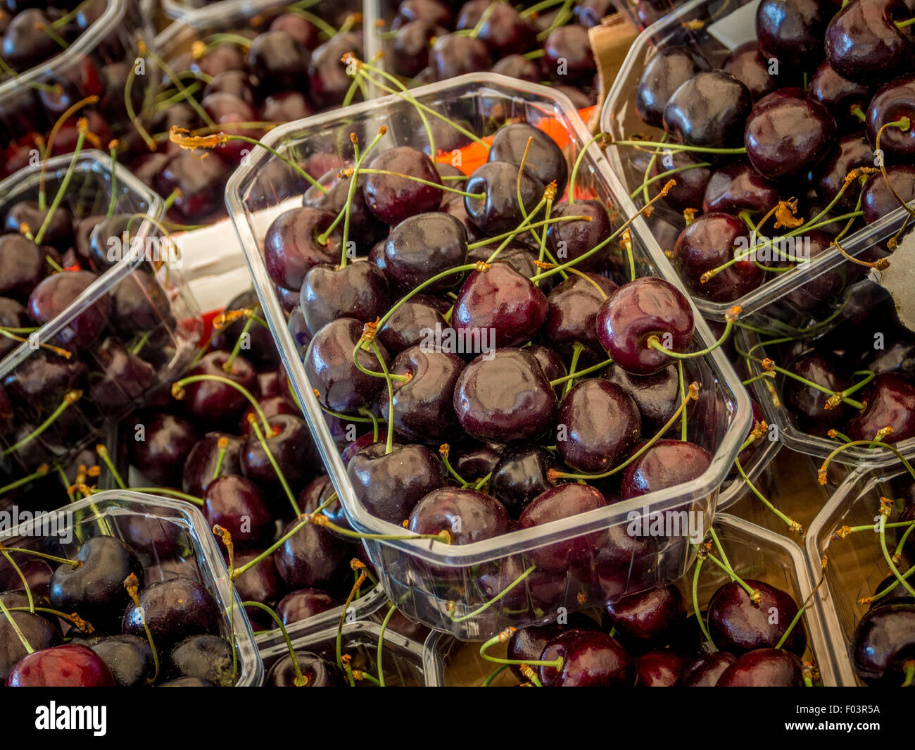 Punnets in plastica di ciliegie fresche a Campo de' Fiori all'aperto il mercato alimentare a Roma. Foto Stock