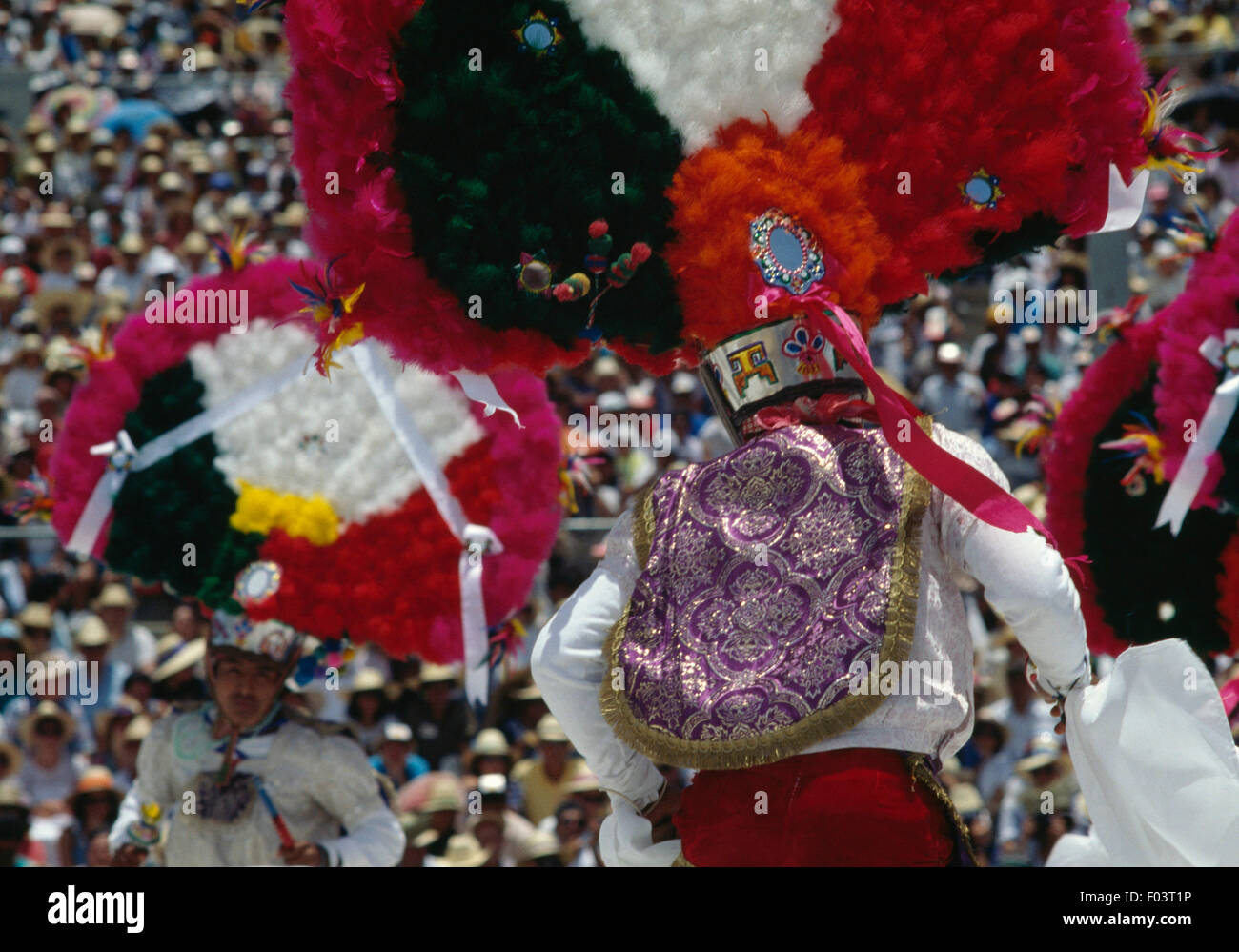 Danzatori, danza di piume durante le celebrazioni presso il festival Guelaguetza, Oaxaca, Messico. Foto Stock