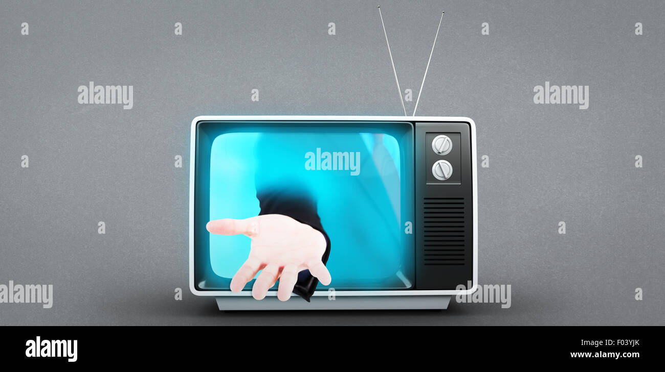 Immagine composita di imprenditore tenendo fuori mano nella presentazione Foto Stock